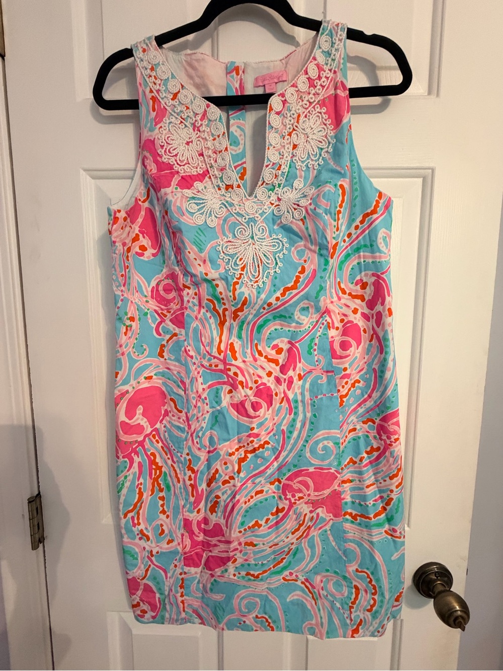 Lilly Pulitzer Pink & Aqua Printed Sleeveless Shift Dress with Lace Detail